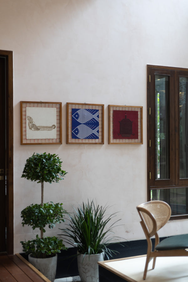 The Matsya and Kurma avatars of Vishnu, and the Hansa Boita, draw from distinct strands of Odisha’s religious and maritime history. These recurring motifs from Boito’s visual vocabulary are depicted in Dhokra beadwork, Habaspuri silk and Kotpad cotton.