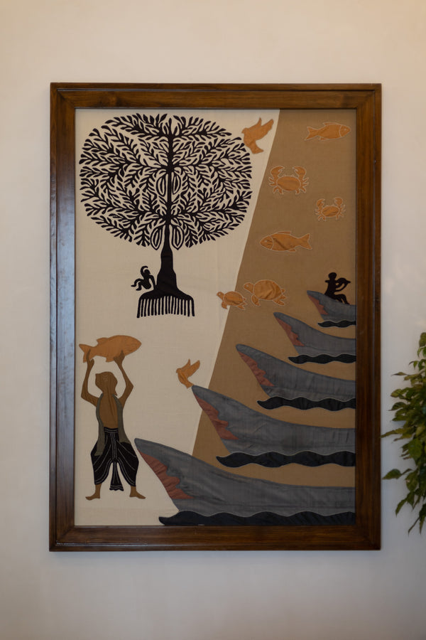 A contemporary interpretation of Pipili appliqué, depicting life along the Puri coast.