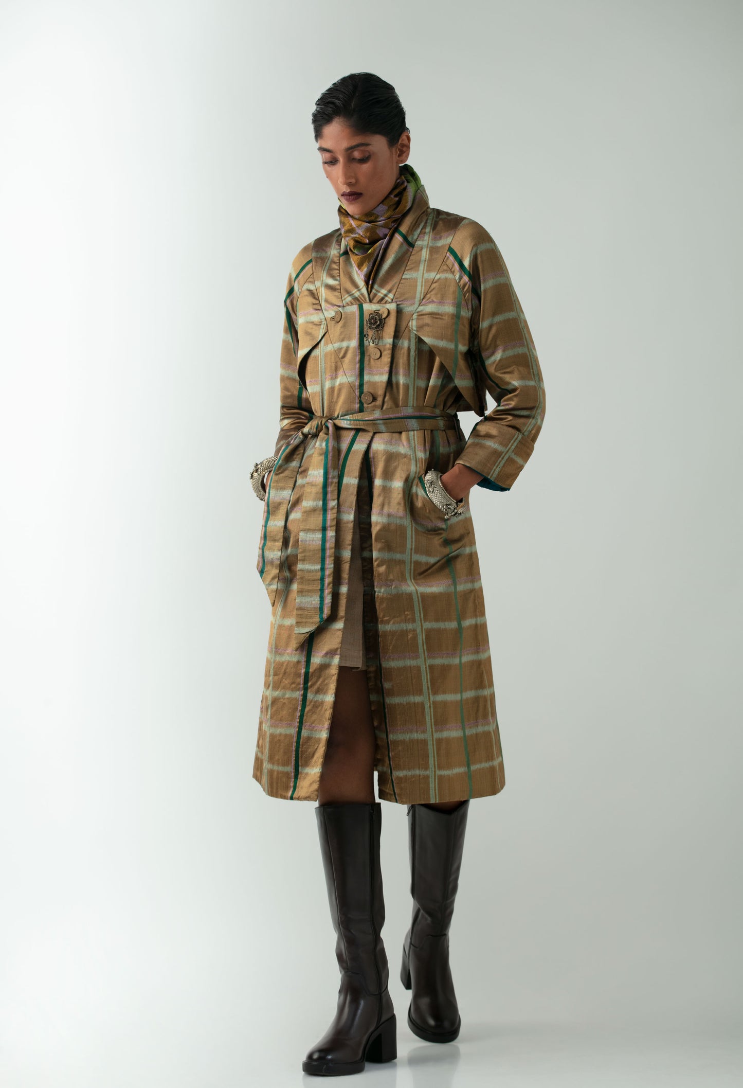 Chequered Gold Trench Coat