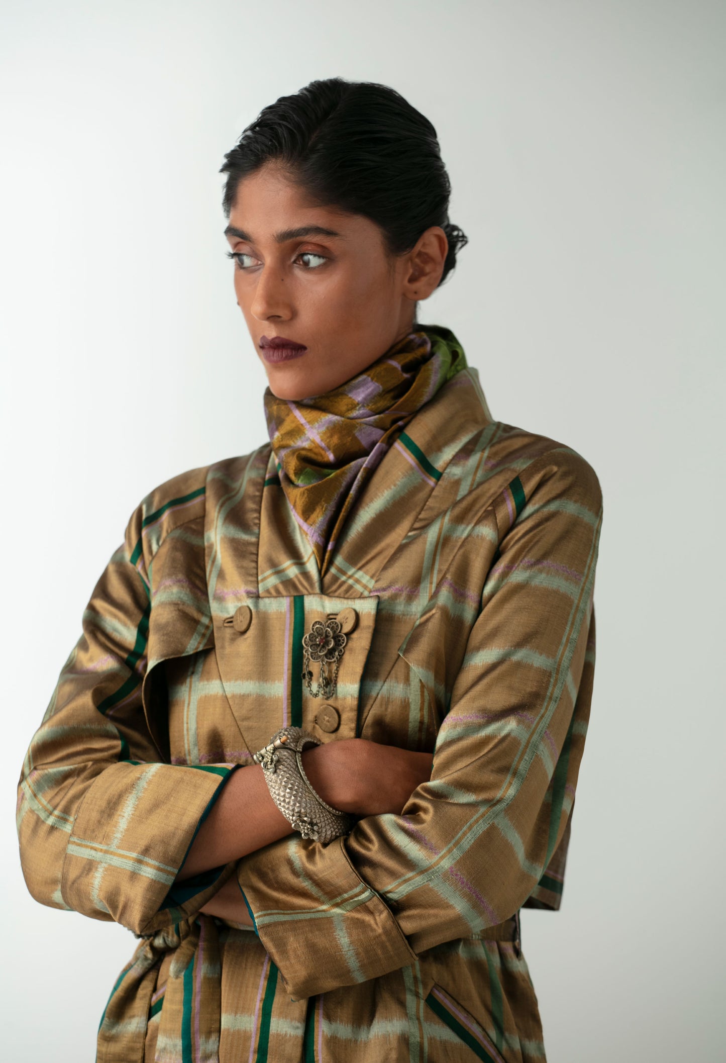 Chequered Gold Trench Coat